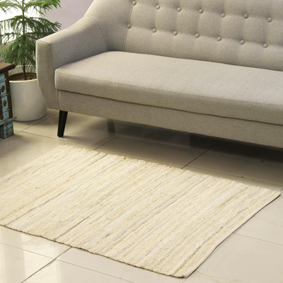 Recycled cotton area rug, 'Subdued Style' (3x4.5) - Beige and Azure Recycled Cotton Area Rug from India (3x4.5)