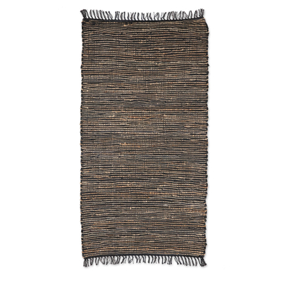 Jute and leather area rug, 'Onyx Charm' (2.5x5) - Onyx and Beige Jute and Leather Area Rug from India (2.5x5)