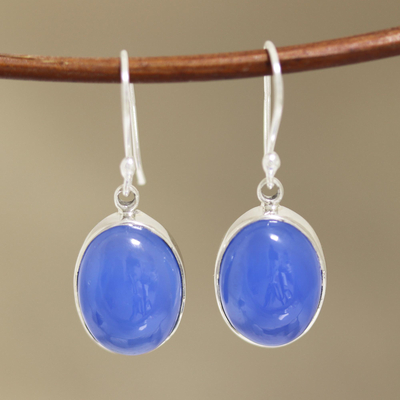 Chalcedony dangle earrings, 'Cool Ovals' - Oval Blue Chalcedony Dangle Earrings from India