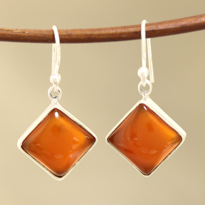Carnelian dangle earrings, 'Honey Squares' - Square Carnelian Dangle Earrings from India
