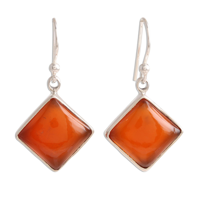 Carnelian dangle earrings, 'Honey Squares' - Square Carnelian Dangle Earrings from India