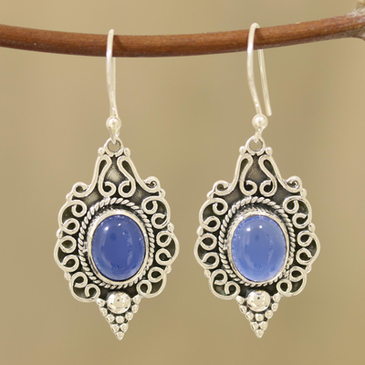 Chalcedony dangle earrings, 'Baroque Blue' - Blue Chalcedony Dangle Earrings Crafted in India