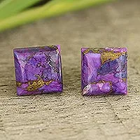 Composite turquoise stud earrings, 'Contemporary Corners' - Square Purple Composite Turquoise Stud Earrings from India