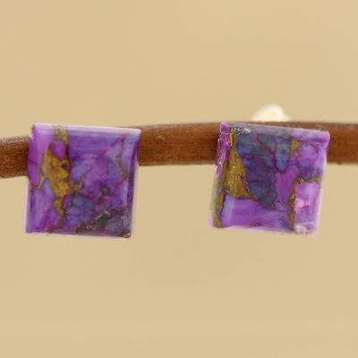 Composite turquoise stud earrings, 'Contemporary Corners' - Square Purple Composite Turquoise Stud Earrings from India