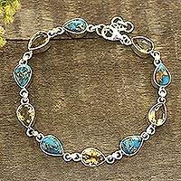 Citrine and composite turquoise link bracelet, 'Sunny Drops' - Citrine and Composite Turquoise Link Bracelet from India