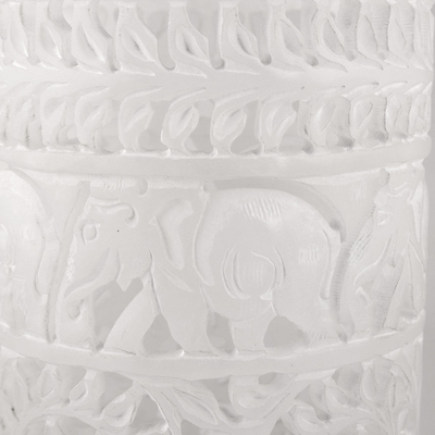 Alabaster decorative vase, 'Elephant March' - Jali Elephant Pattern Cylindrical Alabaster Decorative Vase