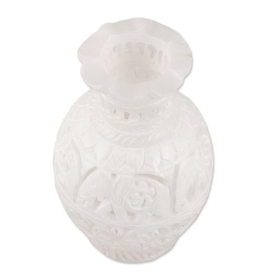 Alabaster decorative vase, 'Royal March' - Round Jali Pattern Alabaster Decorative Vase from India