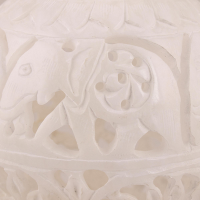 Alabaster decorative vase, 'Royal March' - Round Jali Pattern Alabaster Decorative Vase from India