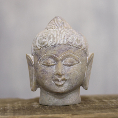 Soapstone sculpture, 'Calming Buddha' - Natural Soapstone Buddha Head Sculpture from India
