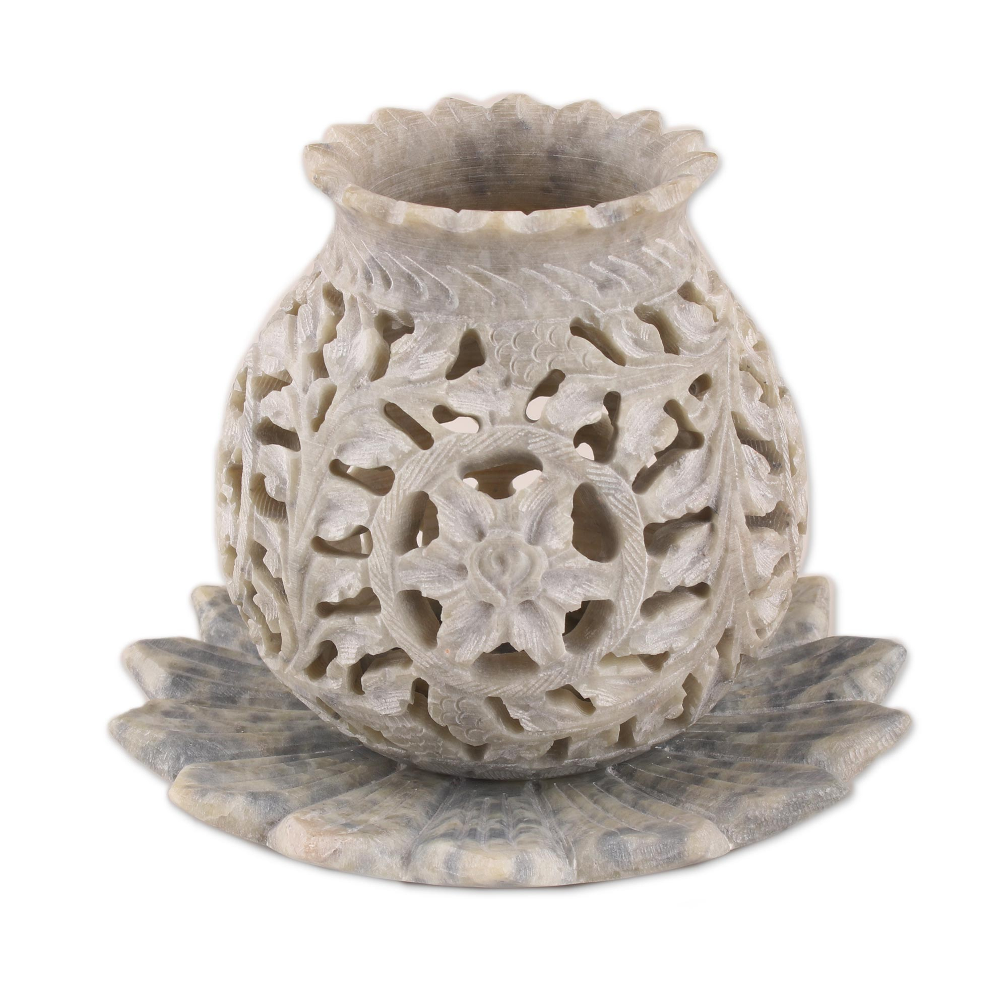 Diwali Gifts from India Decorative Home Decor Soapstone Centerpiece Crossingsevenseas Stone Tealight Holder with Flower Motifs and Intricate Tendril Openwork 