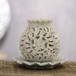 Soapstone tealight holder, 'Light Bouquet' - Floral Soapstone Tealight Holder from India