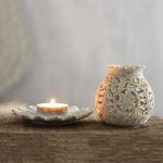 Soapstone tealight holder, 'Light Bouquet' - Floral Soapstone Tealight Holder from India