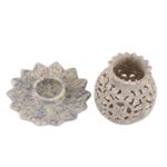 Soapstone tealight holder, 'Light Bouquet' - Floral Soapstone Tealight Holder from India