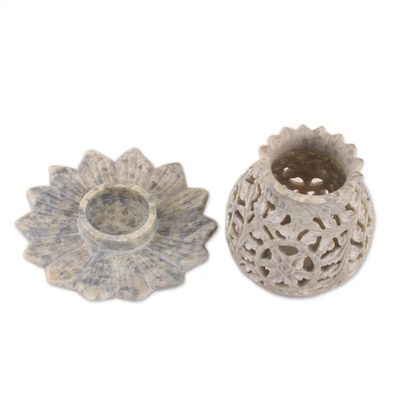 Soapstone tealight holder, 'Light Bouquet' - Floral Soapstone Tealight Holder from India