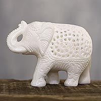 Alabaster sculpture, 'Elephant Interior' - Jali Elephant Alabaster Sculpture from India