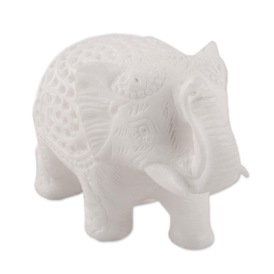 Escultura de alabastro, 'Interior de elefante' - Escultura de alabastro de elefante Jali de la India