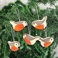 Wool felt ornaments, 'Holiday Song' (set of 5) - Wool Felt Bird Ornaments from India (Set of 5)