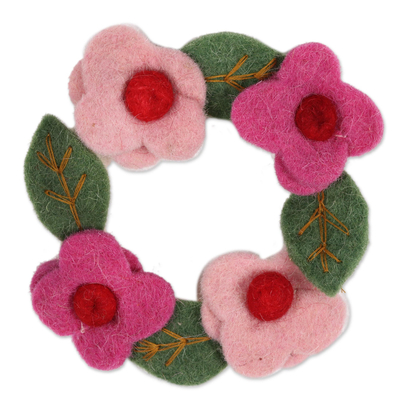 Wool felt ornaments, 'Floral Wreaths' (set of 4) - Floral Wreath Wool Felt Ornaments from India (Set of 4)