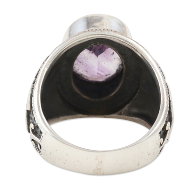 Amethyst single-stone ring, 'Om Glitter' - Om-Themed Amethyst Single-Stone Ring from India