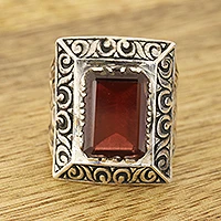 Men's garnet ring, 'Rectangle Glisten' - Men's Rectangular Garnet Ring from India