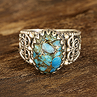Composite turquoise cocktail ring, 'Sky Gold' - Swirl Pattern Composite Turquoise Cocktail Ring from India