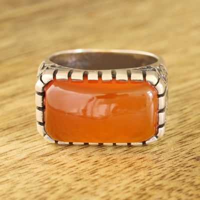 Men's onyx ring, 'Sunset Vines' - Men's Orange Onyx Ring Crafted in India