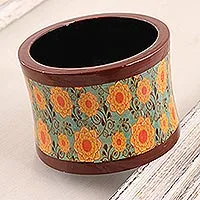 Wood bangle bracelet, 'Spring Breeze' - Floral Printed Haldu Wood Bangle Bracelet from India