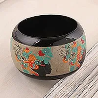 Wood bangle bracelet, 'Tribal Flowers' - Floral Haldu Wood Bangle Bracelet Crafted in India