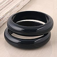 Haldu Wood Bangle Bracelets in Charcoal from India (Pair),'Charcoal Duo'