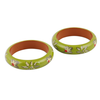 Wood bangle bracelets, 'Lime Bloom' (pair) - Floral Haldu Wood Bangle Bracelets in Lime from India (Pair)