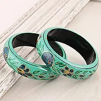 Wood bangle bracelets, 'Floral Viridian' (pair)