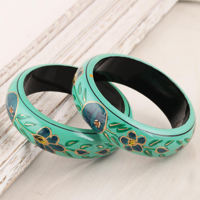 Wood bangle bracelets, Floral Viridian (pair)