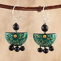 Ceramic dangle earrings, 'Delhi Green' - Green Floral Ceramic Dangle Earrings from India