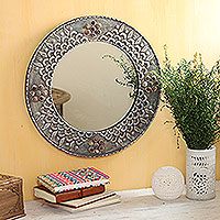 Mughal-Inspired Round Aluminum and Glass Wall Mirror,'Mughal Glory'