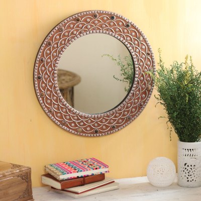 Aluminum and glass wall mirror, 'Mughal Window' - Aluminum and Glass Wall Mirror Handcrafted in India