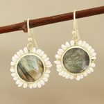 Labradorite and cultured pearl dangle earrings, 'Petal Glow' - Labradorite and Cultured Pearl Dangle Earrings from India