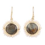 Labradorite and cultured pearl dangle earrings, 'Petal Glow' - Labradorite and Cultured Pearl Dangle Earrings from India