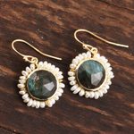 Labradorite and cultured pearl dangle earrings, 'Petal Glow' - Labradorite and Cultured Pearl Dangle Earrings from India