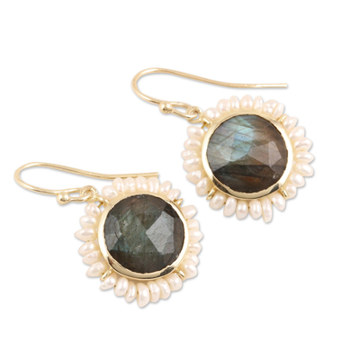 Gold plated labradorite and cultured pearl dangle earrings, 'Petal Glow' - Labradorite and Cultured Pearl Dangle Earrings from India