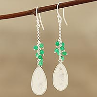 Rainbow moonstone and onyx dangle earrings, 'Misty Green'