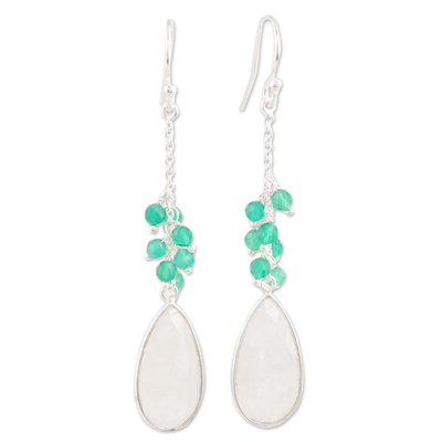 Rainbow Moonstone and Green Onyx Dangle Earrings from India