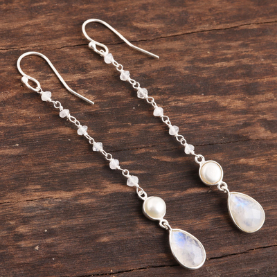 Rainbow moonstone and cultured pearl dangle earrings, 'Purest Harmony' - Rainbow Moonstone and Cultured Pearl Dangle Earrings