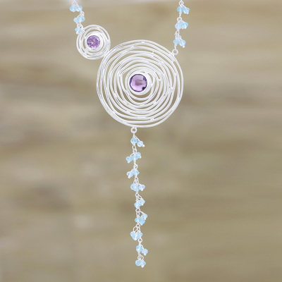 Amethyst and chalcedony pendant necklace, Glittering Spirals