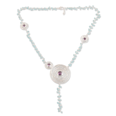 Amethyst and chalcedony pendant necklace, 'Glittering Spirals' - Spiral-Shaped Amethyst and Chalcedony Pendant Necklace