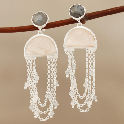 Rose quartz and labradorite dangle earrings, 'Half-Moon Rain' - Half-Circle Rose Quartz and Labradorite Dangle Earrings