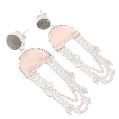 Rose quartz and labradorite dangle earrings, 'Half-Moon Rain' - Half-Circle Rose Quartz and Labradorite Dangle Earrings