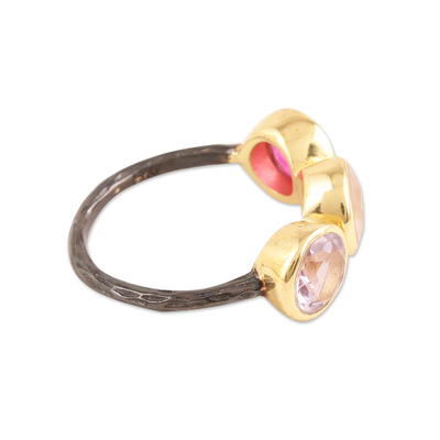 Gold accent multi-gemstone cocktail ring, 'Pretty Trio' - Gold Accent Amethyst & Rose Quartz Cocktail Ring from India