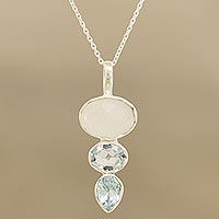 Blue topaz and rainbow moonstone pendant necklace, 'Glowing Glitter' - 10-Carat Blue Topaz and Rainbow Moonstone Pendant Necklace