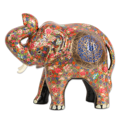 Papier mache sculpture, 'Colorful Floral Elephant' - Colorful Floral Papier Mache Elephant Sculpture from India