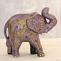 Pappmaché-Skulptur „Königlicher Rüssel“ – Lila Blumenmotiv Elefanten-Skulptur aus Pappmaché